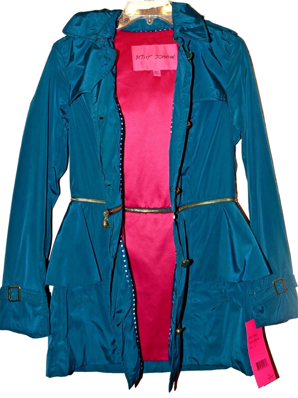 Betsey Johnson Teal Trench Coat with Hot Pink Lining